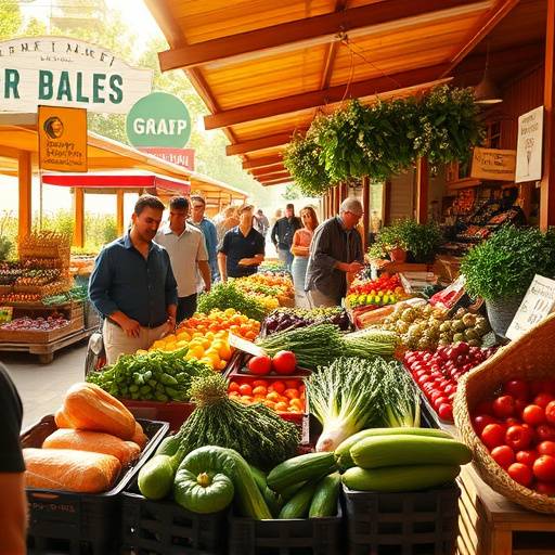 A bustling farmers market with stalls selling fresh produce and artisanal goods.