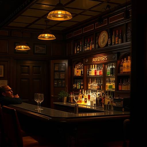 A cozy, dimly lit speakeasy with vintage decor and a bar stocked with liquor bottles.