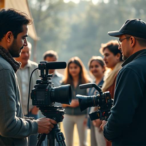 A diverse on-site crew assisting with a film shoot, including camera operators, lighting technicians, and production assistants. The crew is focused and collaborative, ensuring the smooth execution of the project.