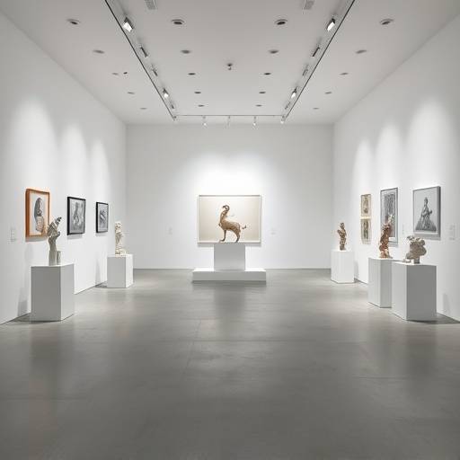 A modern, minimalist art gallery with white walls and sculptures on display.