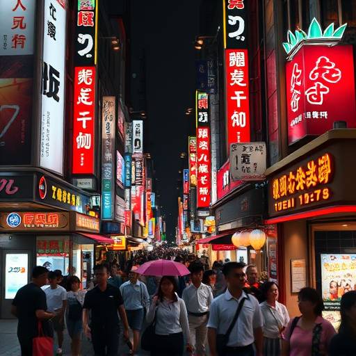 A vibrant street scene in Tokyo, Japan, with neon lights and bustling crowds.