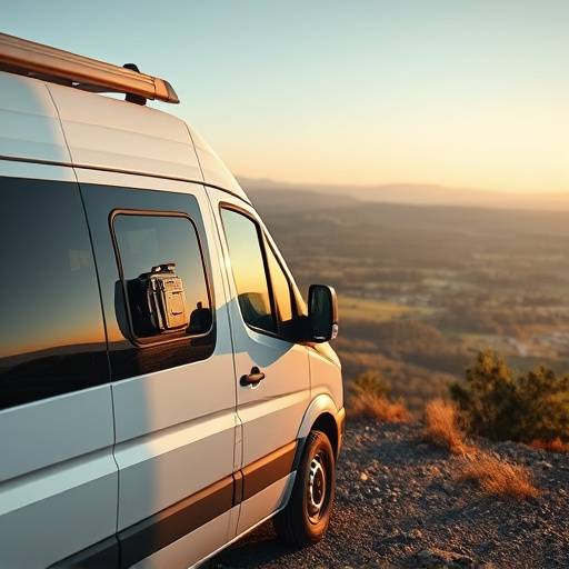 A white van equipped with GPS and camera equipment parked in front of a scenic overlook. The van is specifically designed for location scouting purposes.