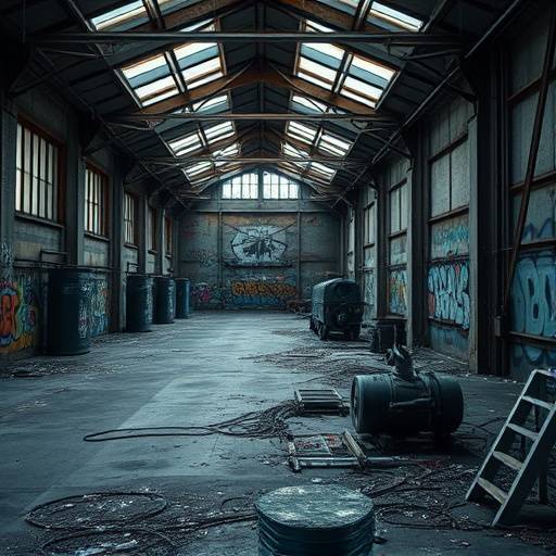 Abandoned warehouse with graffiti-covered walls and industrial equipment.