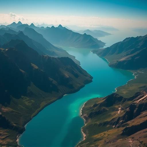 Aerial view of a stunning turquoise lake nestled between jagged mountain peaks, a breathtaking filming location.