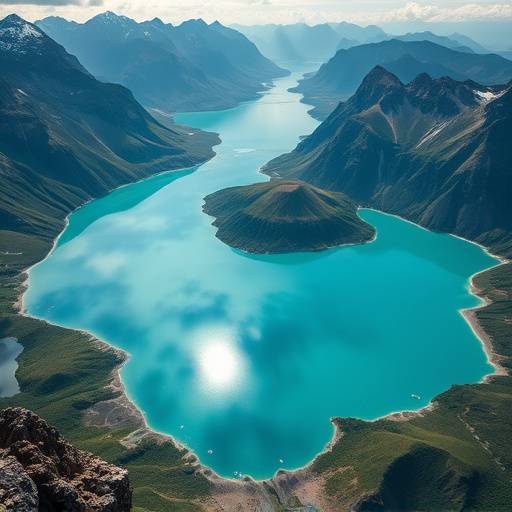 Aerial view of a stunning turquoise lake nestled between jagged mountain peaks, a breathtaking filming location.