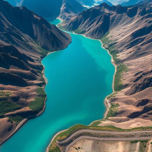 Aerial view of a stunning turquoise lake nestled between jagged mountain peaks, a breathtaking filming location.