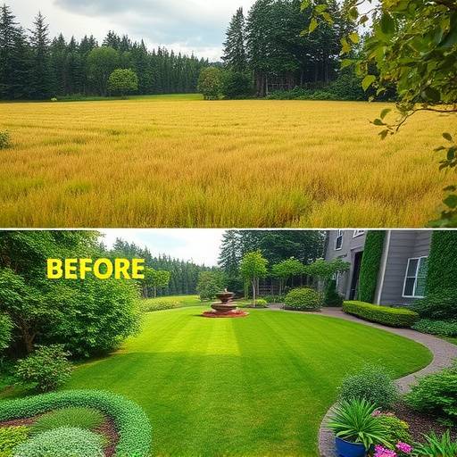 Before-and-after photos of a location on Bainbridge Island, showing its transformation for the Emerald Estates promotional video; the before image shows an overgrown field, while the after image displays a manicured lawn and landscaped garden.