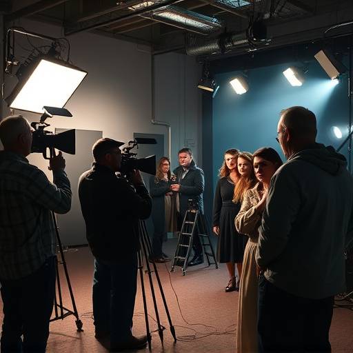 Behind the scenes of a film shoot with crew members adjusting lighting equipment and actors in costume.
