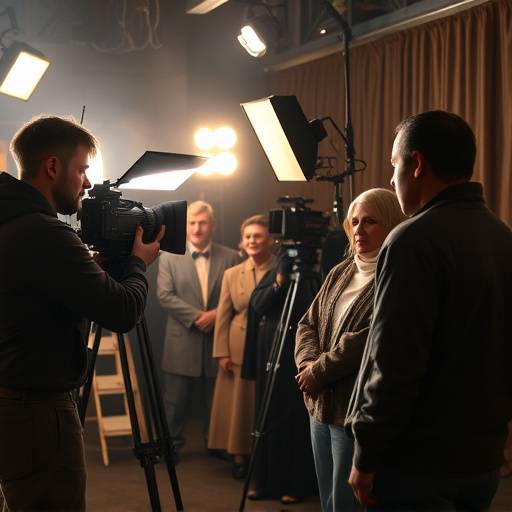 Behind the scenes of a film shoot with crew members adjusting lighting equipment and actors in costume.