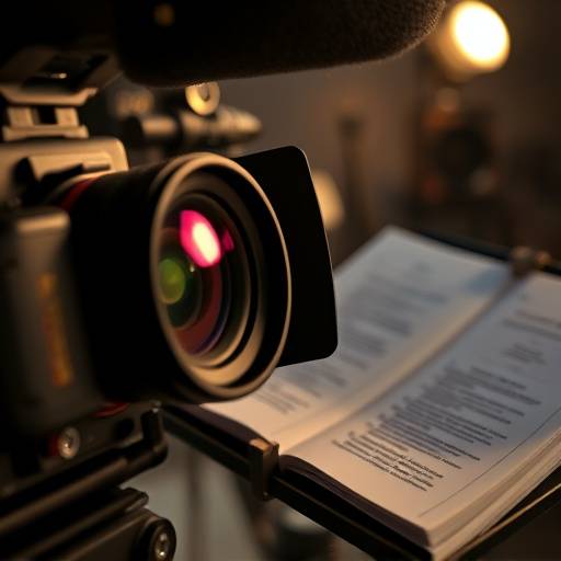 Close-up of filmmaking equipment including a professional camera lens, boom microphone, and script pages.