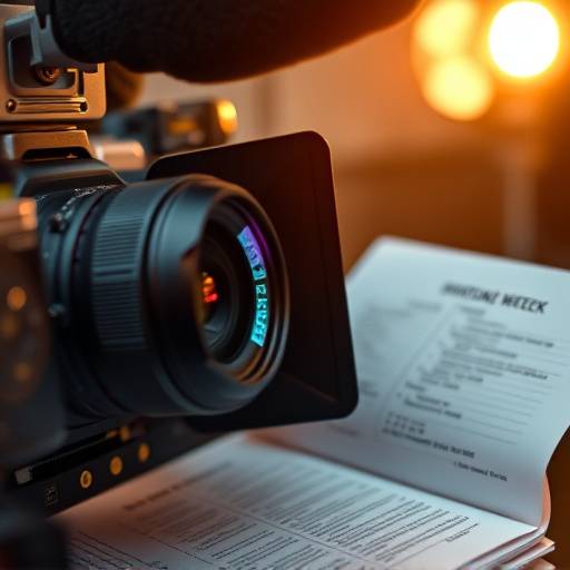 Close-up of filmmaking equipment including a professional camera lens, boom microphone, and script pages.