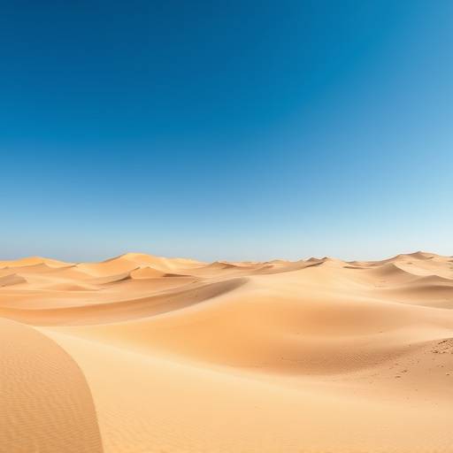 Dramatic desert landscape with sand dunes and a clear blue sky.