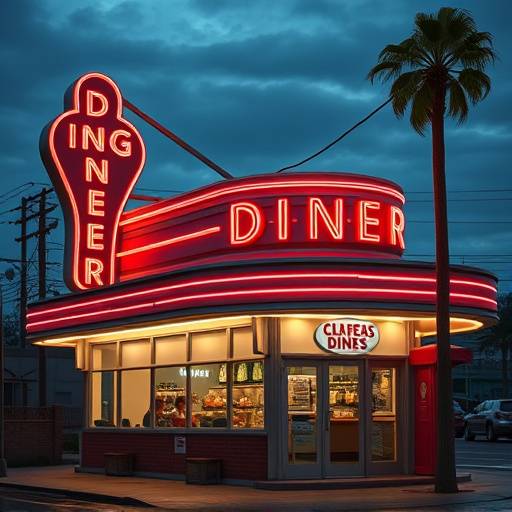 Exterior of a vintage diner with neon signs and classic 1950s architecture.