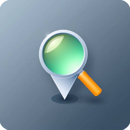 Icon representing data tracking with a magnifying glass over a map marker.
