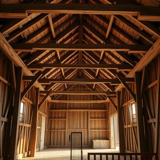 Interior shot of a rustic barn with exposed wooden beams and soft natural light.