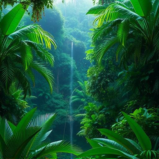 Lush tropical rainforest with vibrant green foliage and a misty atmosphere.