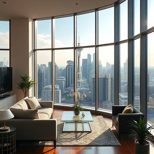 Modern penthouse apartment with floor-to-ceiling windows overlooking the Seattle skyline.