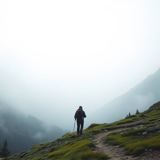 Scene from 'Echoes of the Cascade' film, featuring a lone hiker on a mountain trail overlooking a misty valley.
