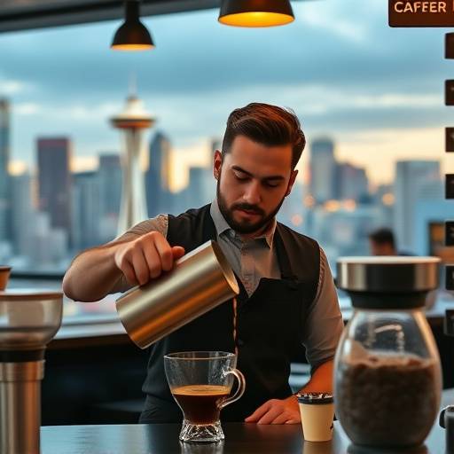 Still from 'Cascadia Coffee' commercial, showing a barista pouring coffee against a backdrop of a vibrant Seattle cityscape.