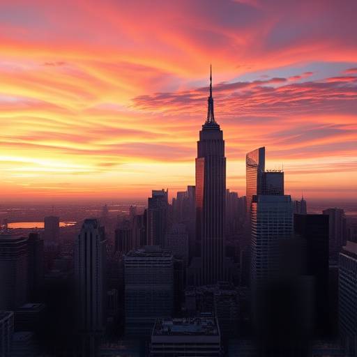 Stunning cityscape at dusk, featuring skyscrapers and a vibrant sky.